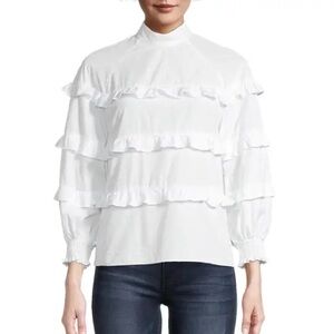Nicole Miller Cotton Poplin Mock-Neck Ruffle Blouse, NWT, Size Small, Ivory